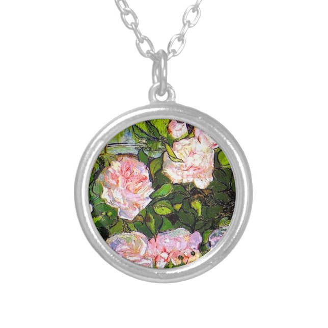 Van Gogh Still Life with Pink Roses Silver Plated Necklace (Front)
