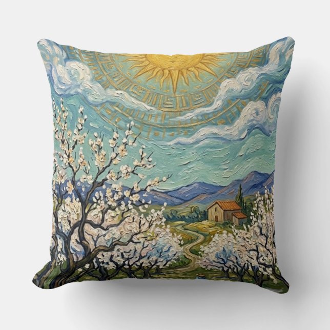 Van Gogh Style Almond Orchard Spring Blossom Throw Pillow (Front)