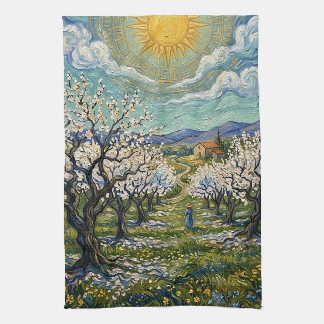 Van Gogh Style Almond Orchard Sunlit Blossom  Kitchen Towel (Vertical)