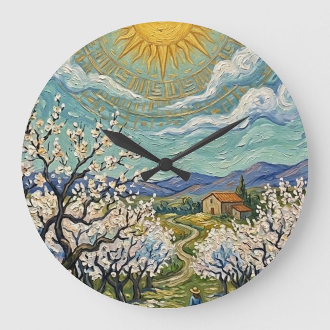 Van Gogh Style Almond Orchard Sunlit Blossom  Large Clock (Front)