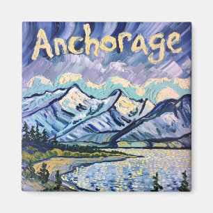 Van Gogh Style Anchorage Alaska Landscape Painting Magnet