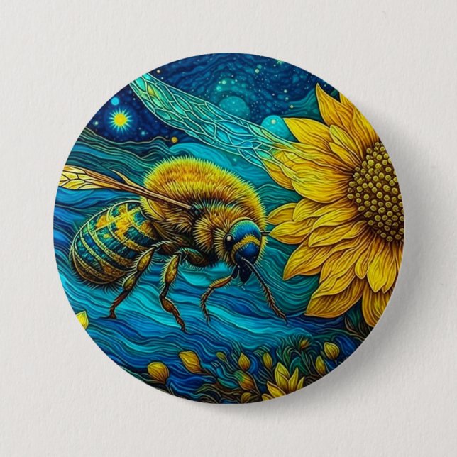 Van Gogh Style Bee & Sunflower Button (Front)