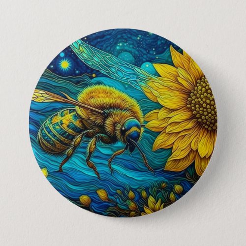 Van Gogh Style Bee  Sunflower Button