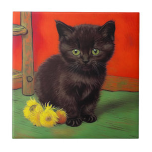 Van Gogh Style Black Cat Ceramic Tile