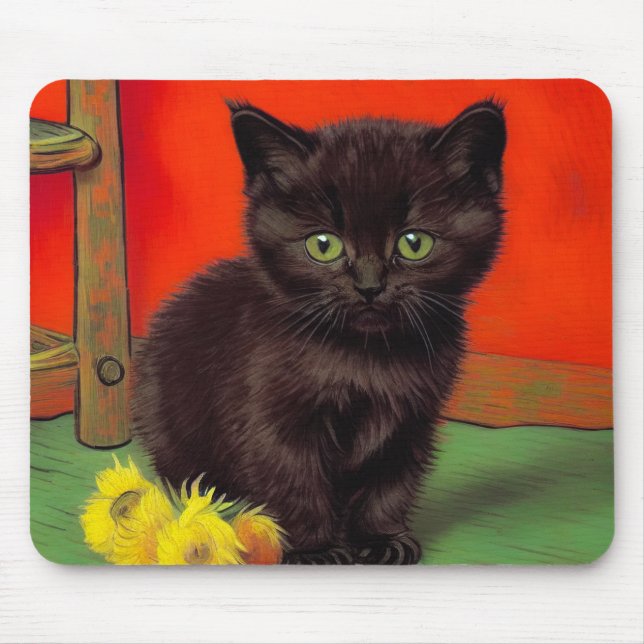 Van Gogh Style Black Cat Mouse Pad (Front)