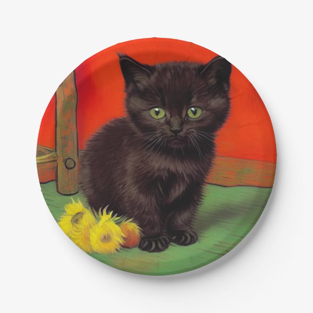 Van Gogh Style Black Cat Paper Plates (Front)