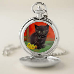 Van Gogh Style Black Cat Pocket Watch