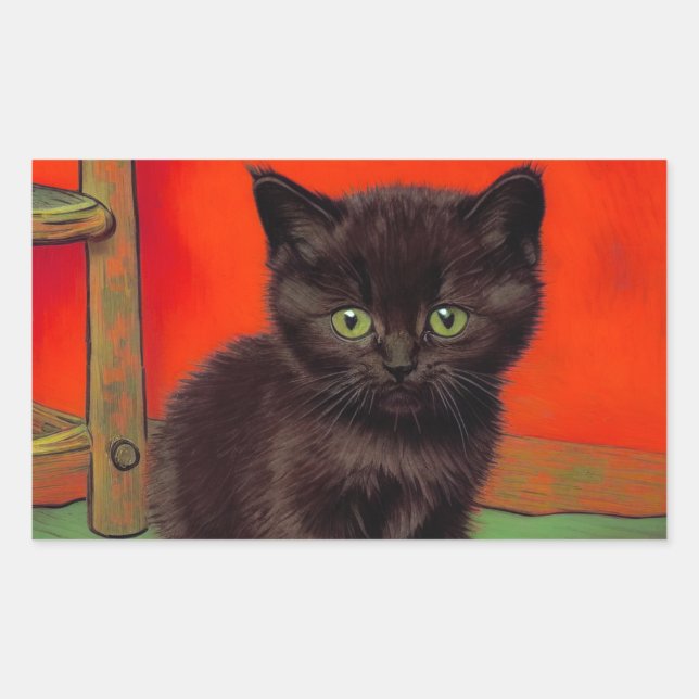 Van Gogh Style Black Cat Rectangular Sticker (Front)