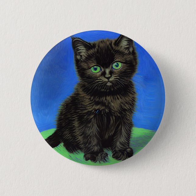 Van Gogh Style Black Kitten Button (Front)