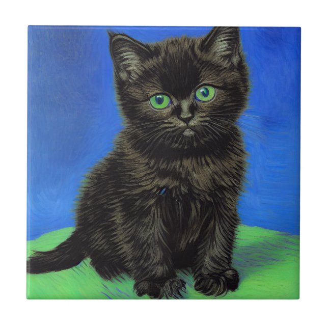 Van Gogh Style Black Kitten Ceramic Tile (Front)