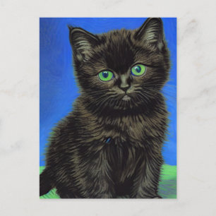 Van Gogh Style Black Kitten Holiday Postcard