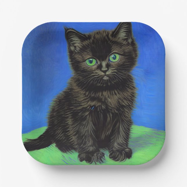 Van Gogh Style Black Kitten Paper Plates (Front)