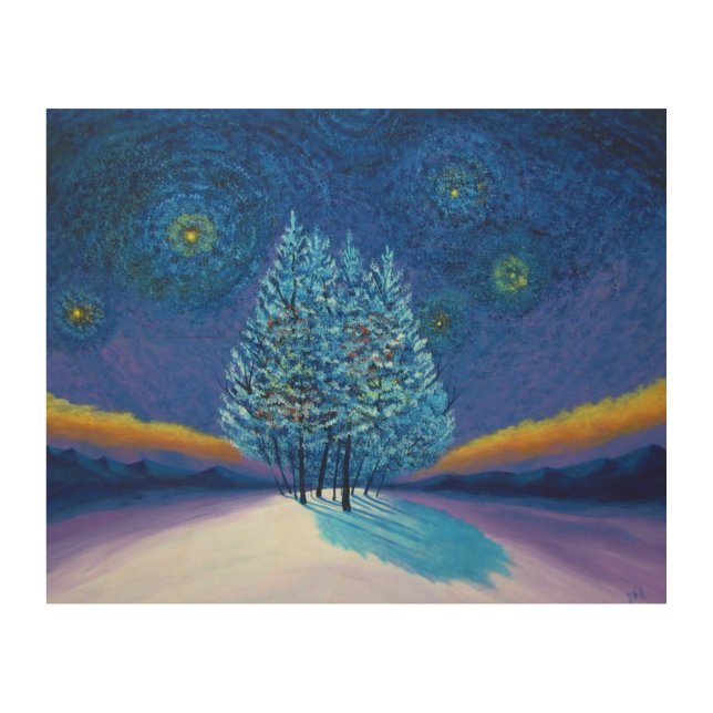Van Gogh Style Blue Christmas Wood Wall Art (Front)