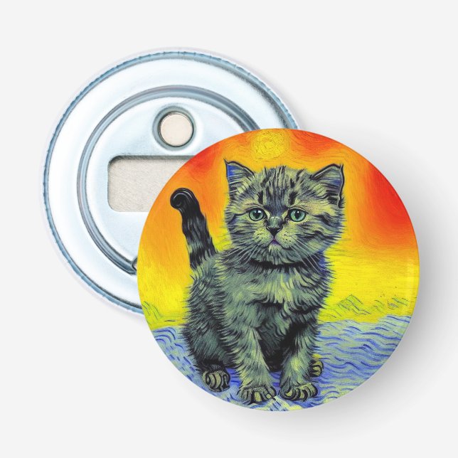 Van Gogh Style Cat Sunset Beach Bottle Opener (Front)
