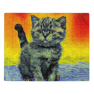 Van Gogh Style Cat Sunset Beach Jigsaw Puzzle