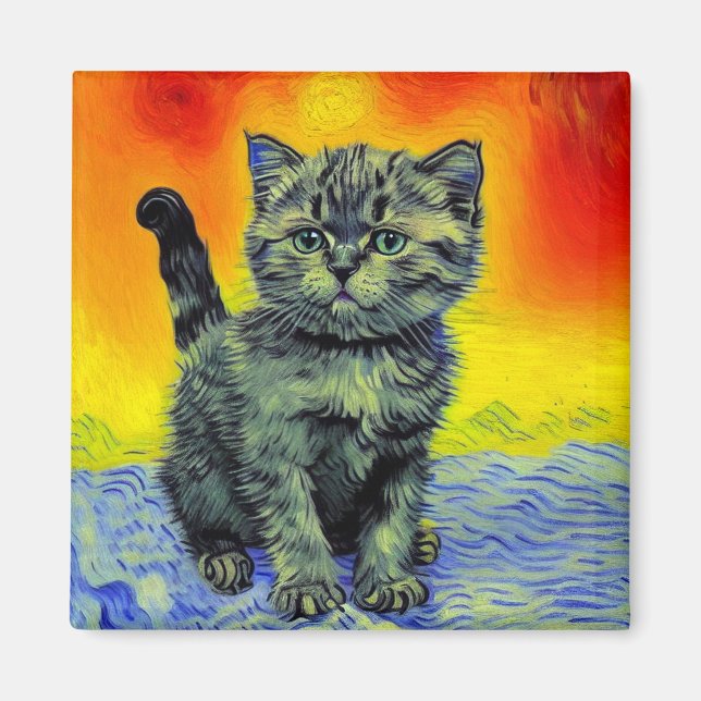 Van Gogh Style Cat Sunset Beach Magnet (Front)