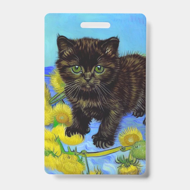 Van Gogh Style Cat with Sunflowers Badge (Front)