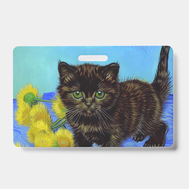 Van Gogh Style Cat with Sunflowers Badge (Front)