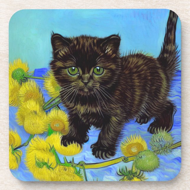 Van Gogh Style Cat with Sunflowers Beverage Coaster (Front)