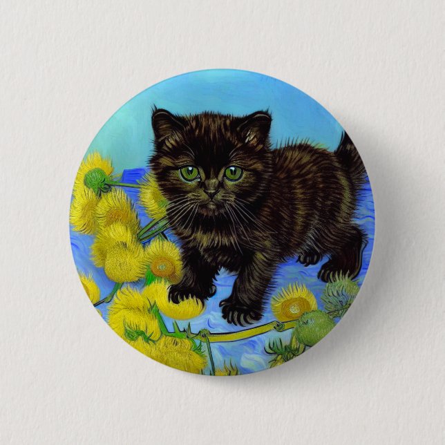 Van Gogh Style Cat with Sunflowers Button (Front)
