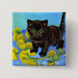 Van Gogh Style Cat with Sunflowers Button