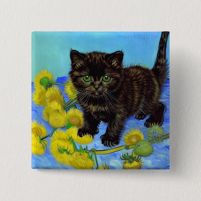 Van Gogh Style Cat with Sunflowers Button (Front)