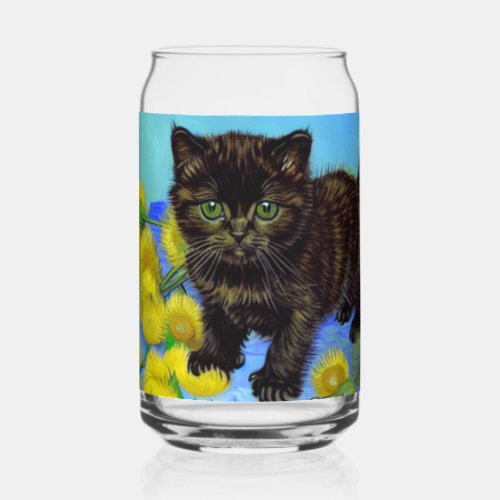 Van Gogh Style Cat with Sunflowers Can Glass