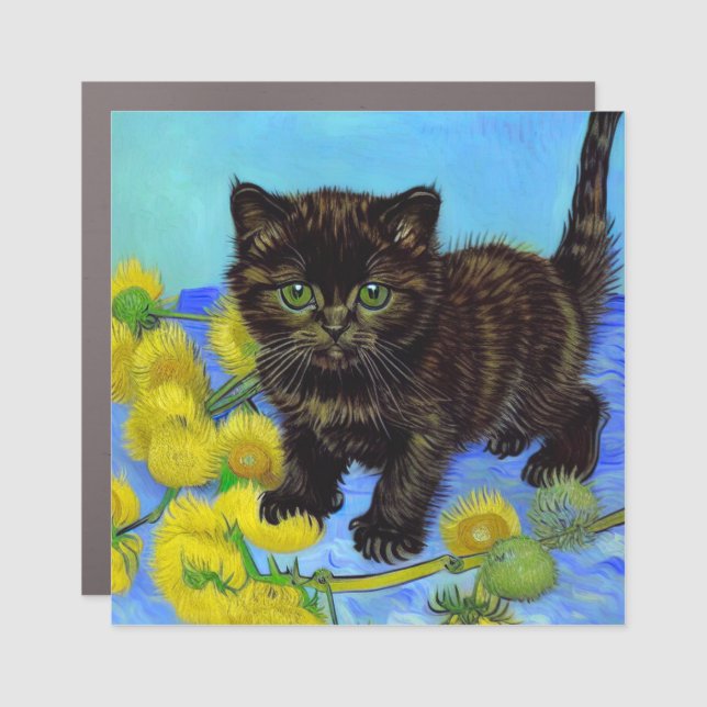 Van Gogh Style Cat with Sunflowers Car Magnet (Front)