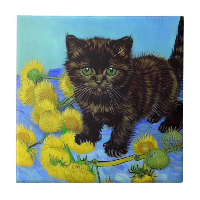 Van Gogh Style Cat with Sunflowers Ceramic Tile (Front)