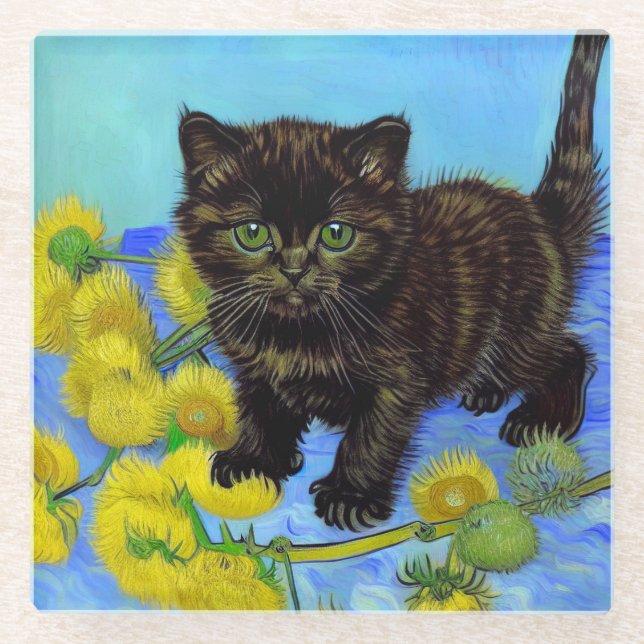 Van Gogh Style Cat with Sunflowers Glass Coaster (Front)