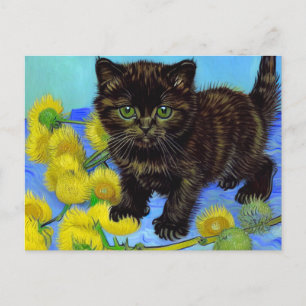 Van Gogh Style Cat with Sunflowers Holiday Postcard