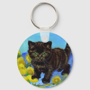 Van Gogh Style Cat with Sunflowers Keychain