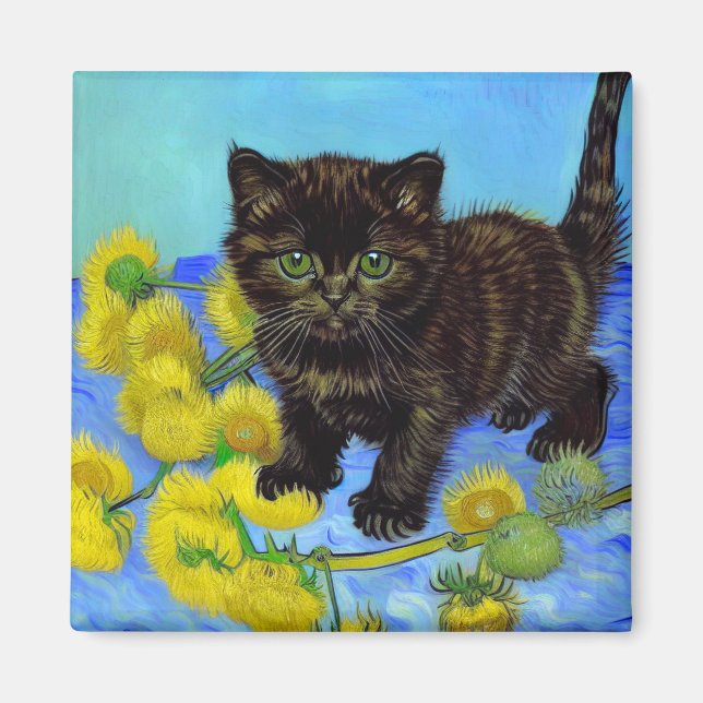 Van Gogh Style Cat with Sunflowers Magnet (Front)