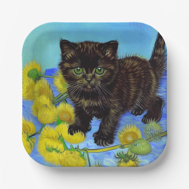 Van Gogh Style Cat with Sunflowers Paper Plates (Front)