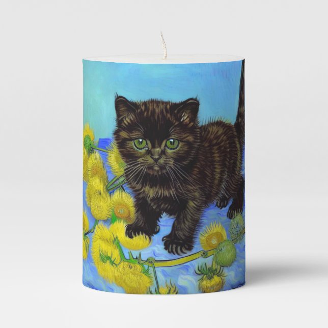 Van Gogh Style Cat with Sunflowers Pillar Candle (Front)