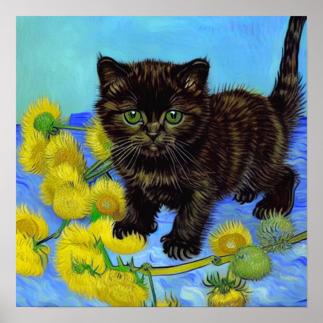 Van Gogh Style Cat with Sunflowers Poster (Front)