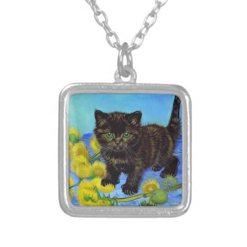 Van Gogh Style Cat with Sunflowers Silver Plated Necklace