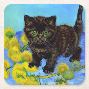 Van Gogh Style Cat with Sunflowers Square Paper Coaster