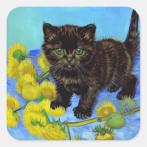 Van Gogh Style Cat with Sunflowers Square Sticker
