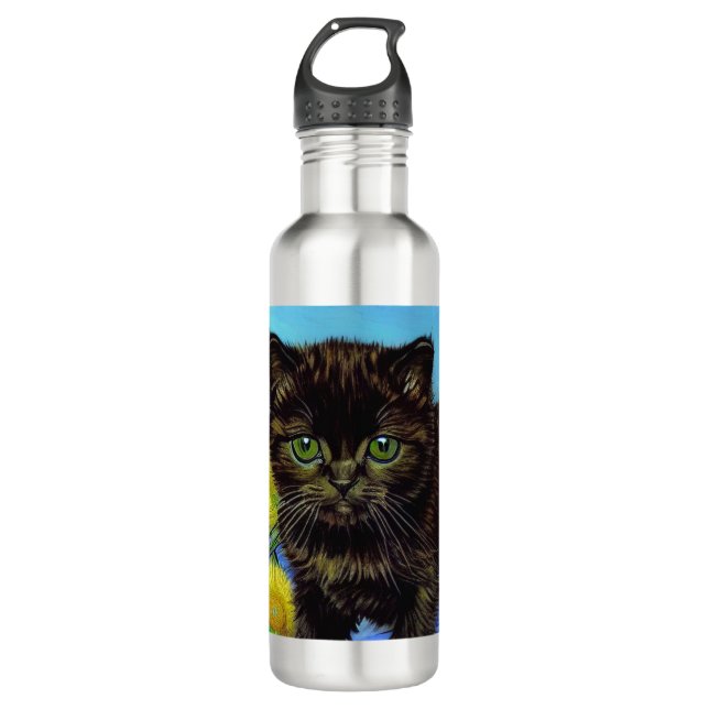 Van Gogh Style Cat with Sunflowers Stainless Steel Water Bottle (Front)