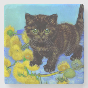 Van Gogh Style Cat with Sunflowers Stone Coaster