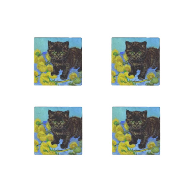 Van Gogh Style Cat with Sunflowers Stone Magnet (Front)