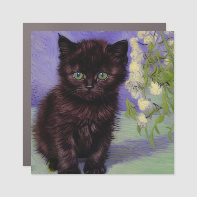 Van Gogh Style Cat with White Flowers Car Magnet (Front)