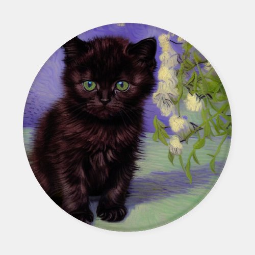 Van Gogh Style Cat with White Flowers Coaster Set