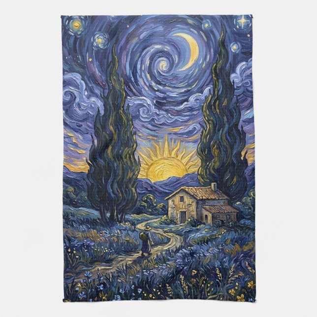 Van Gogh Style Cypress Dusk Midnight Moon Kitchen Towel (Vertical)