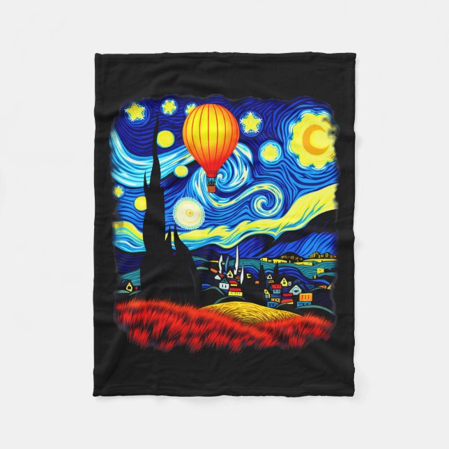 Van Gogh Style Hot Air Balloon Starry Night  Fleece Blanket (Front)