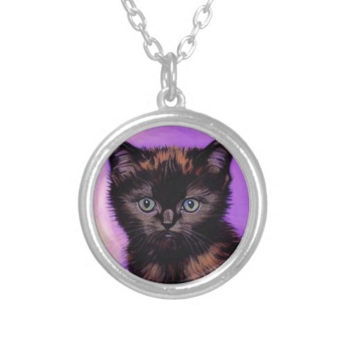 Van Gogh Style Purple Cat Silver Plated Necklace