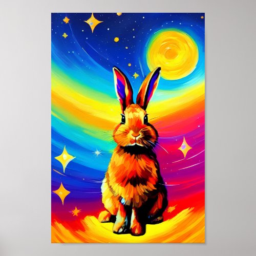 Van Gogh Style Rainbow Rabbit Watercolor Painting Poster