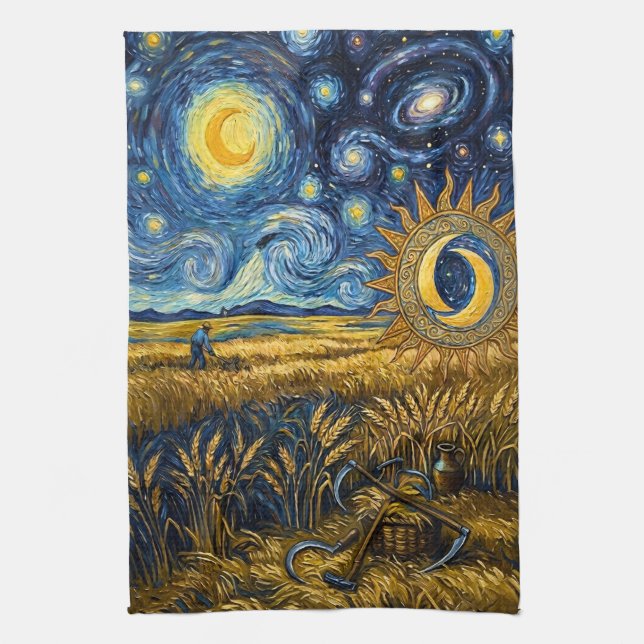 Van Gogh Style Starry Harvest Golden Wheat Kitchen Towel (Vertical)