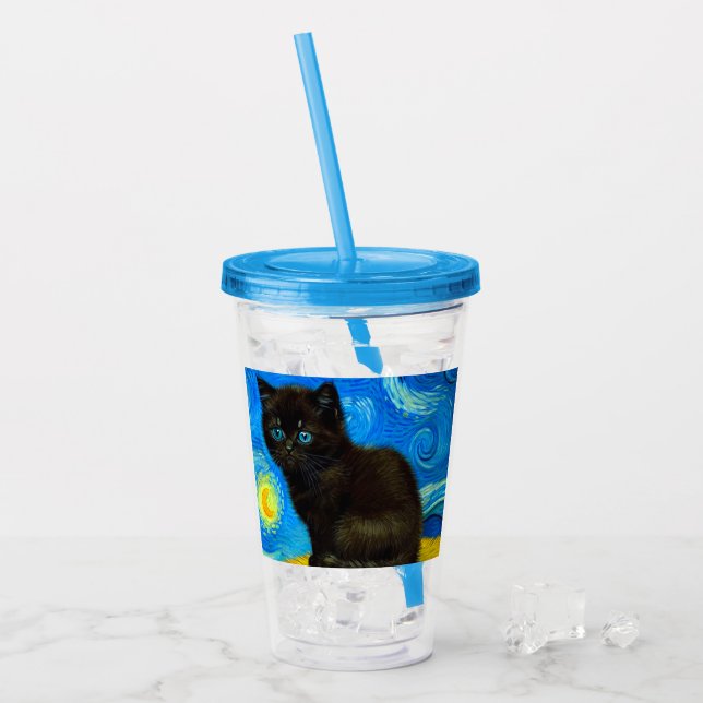 Van Gogh Style Starry Night Cat Acrylic Tumbler (Front Ice)